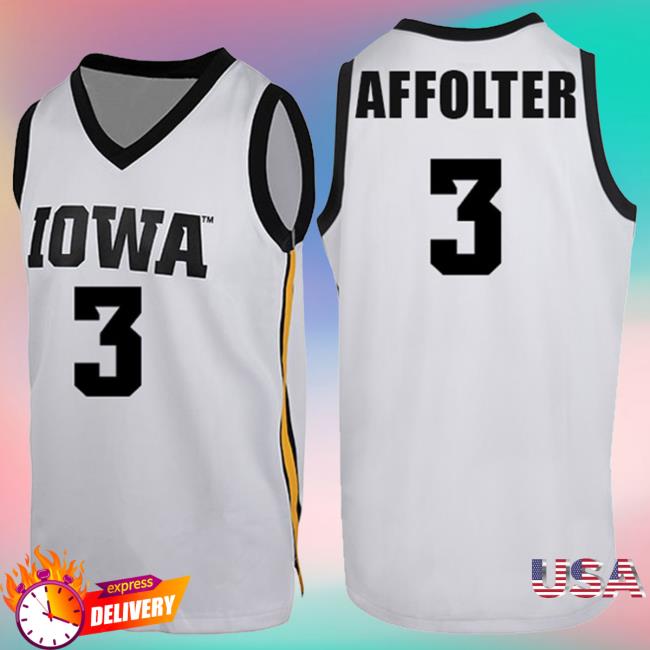 Official Iowa Hawkeyes Merch Store Iowa Hawkeyes Affolter #3 White Jersey T-Shirt Iowa Hawkeyes Apparel Clothing Shop