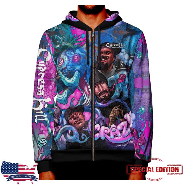 Official Cypress Hill Merch Aop Cypress Hill Crazy All Over Print Zip Up Hooded Sweatshirt CypressHill
