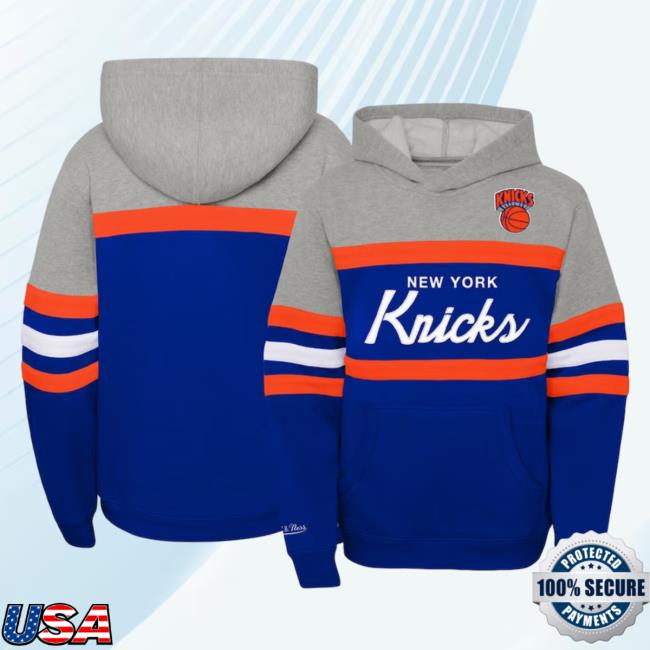 Official Youth New York Knicks Mitchell & Ness Heather Gray/Blue Hardwood Classics Head Coach Crewneck Sweatshirt