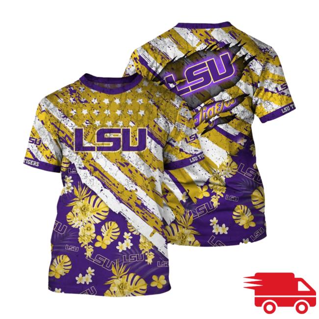 Official Lsu Tigers Tropical Flower Style And Flag All Over Printed 3D New Shirt