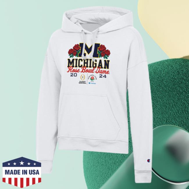 Official Mden Merch Store The M Den Michigan Rose Bowl Champion University Of Michigan Football Women's College Football Playoff 2024 Rose Bowl Game White Hoodie Mden Apparel