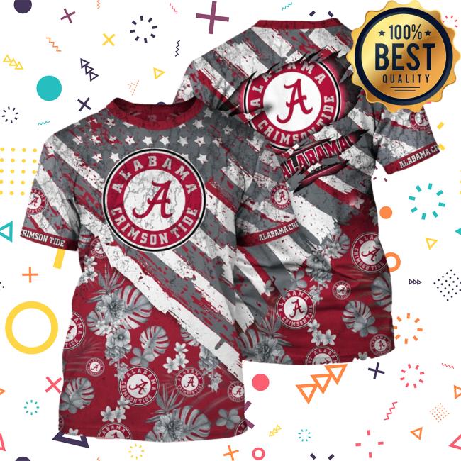 Official Alabama Crimson Tide Tropical Flower Style And Flag All Over Printed 3D T-Shirt