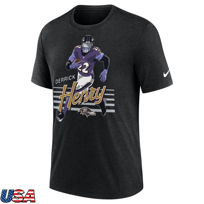 Official NFL Merch Men's Baltimore Ravens Derrick Henry Nike Heather Black Player Graphic Shirt ArizonaCardinals