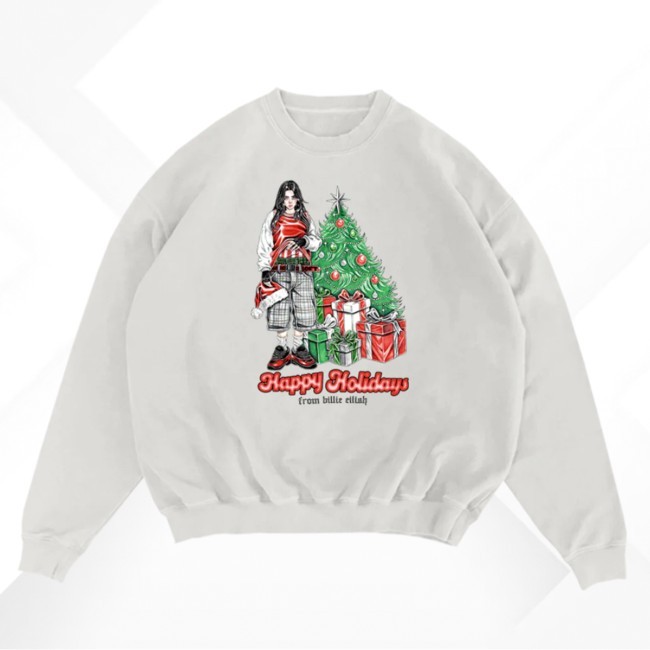 Billie Eilish Happy Holidays White Pullover Crewneck Sweatshirt Billie Eilish Holidays Merch