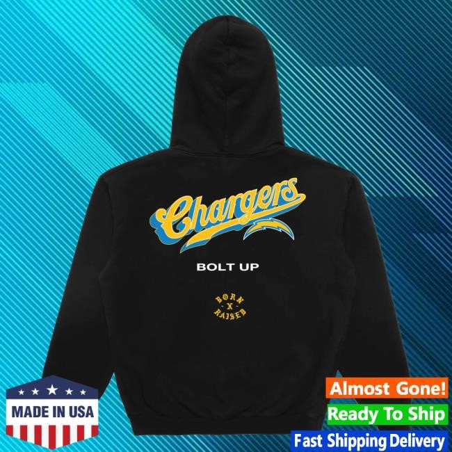 Official Born X Raised + Chargers Pro Script Hooded Sweatshirt: Black NFL 2025 Kickoff